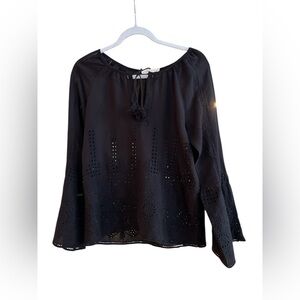 Lovestitch Black Eyelet Tassel Blouse with Flared Sleeves